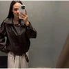 Vintage Zippers Short Leather Jackets Women's Casual Lapel Button Pockets Full Sleeve Coat Autumn Lady Chic Streetwear