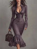 Women's Elegant Slim Fit Evening Mermaid Maxi Dress Solid Long Sleeve Ruched Button Front Ruffle Hem Office Lady Long Dresses