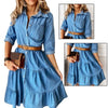 Denim Dress Three Quarter Sleeve with Belt Turn-down Collar Spring Autumn Buttons Ruffle Jeans Dresses for Women