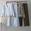 Autumn Two Piece Suits Women V Neck Basics Print Top+Elastic Long Pants Harajuku Casual Knit Sweater Warm Sets