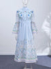 Women Puff Sleeve Dress Retro Floral Lace Dresses Ruffle Tiered Belted Clothes Waist Bohemian Holiday Maxi Gown Semmer Wear