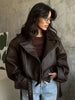 Retro Solid Lace Up Leather Short Jackets Women Chic Lapel V-neck Waist Cinching Cropped Jackets Lady Daily High Street Outwear