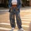Chic Y2K Style Metal Decoration Washed Blue Women's Stacked Jeans Pants For Woman Clothing Wide Leg Vintage Denim Trouserso