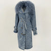 Lady Denim Jacket Mongolian Fur Collar Jacket Autumn Winter Long Trench Coat Fur Detachable Collar Fur Overcoats