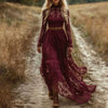 Spring Autumn Chic Long Sleeve O-Neck Prom Dress Retro Black Sexy Zipper Long Dress Women's Lace Jacquard Hollow out Party Dress