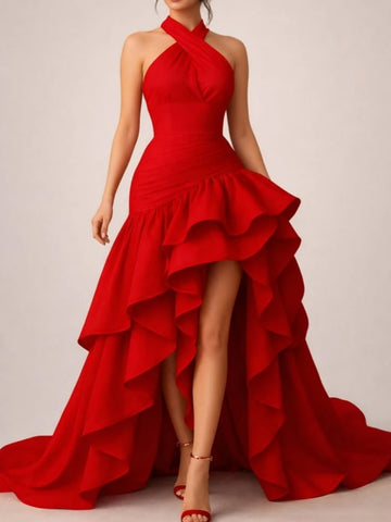 Women Halter Evening Dress Cross Neck Ruched High Waist Tiered Ruffle Long Tail Maxi Dress Formal Wedding Guest Party Prom Gown