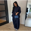 Chic Solid Stand Neck Blazer Jacket Pant Set Women Full Sleeve Shoulder Pads Coat Wide Leg Pants Autumn Commute Outfit
