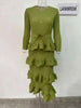 Long Pleated Dress Women Round Neck Solid Color Ruffles Cake Belt Dresses Multi-layer Female Elegant Clothing 2R6863