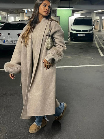 Street Furry Patchwork Slim Women's Long Woolen Overcoats V-neck Full Sleeve Lace Up Coats Office Lady Autumn Outerwears