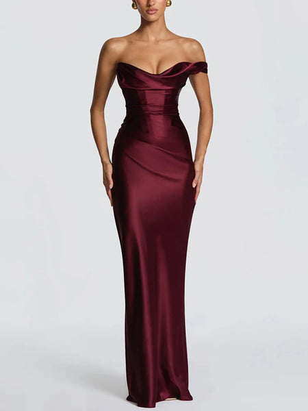 Elegant Satin One Shoulder Ruched Women Maxi Dress Sexy Low Chest Backless Bandage Cinched Waist Mermaid Evening Dresses