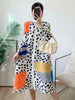 Pleated Contrast Color Leopard Printed Dress Stand Neck Single Breasted Mid-length Dresses Women Party Clothing 2Q1027
