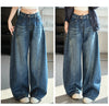 Women's High-Waisted Barrel Jeans Curved Leg Denim Contrast Stitching Vintage Wash Horseshoe Pants S-3XL