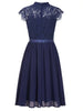 Womens Lace High Neck Cap Sleeve Cocktail Knee Length Solid Color With Satin Waist Belt Formal Wedding Party Dress