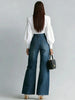 Women's Zipper Decor Slant Pocket Wide Leg Jeans Casual Pockets High Waist Elegant Loose Denim Trousers