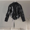 Women Leather Bomber Jackets Coats With Belt Notched Shoulder Pads Motorcycle Street Chic Short Outwear Solid Lace Up