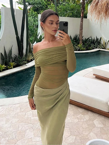 Slash Neck Dress Women Chic Elegant Sexy Patchwork Mesh Ruched Hollow Birthday Party Clubwear Vacation Vestidos