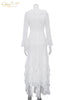 Sexy Slim Print Women's Dress V-Neck Long Sleeve Ankle Length Dresses Elegant Classic Ruffles Female Dress