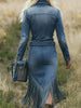 Western Retro Solid Denim Tassel Dresses Woman Turn-down Collar Zipper Slim Hips Dress Spring Long Sleeve Irregular Dress