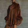 Autumn Turtleneck Solid Soft Velvet Dress Woman Casual Patchwork Leopard Ruffle Mini Dress Winter Long Sleeve A-Line Party Dress