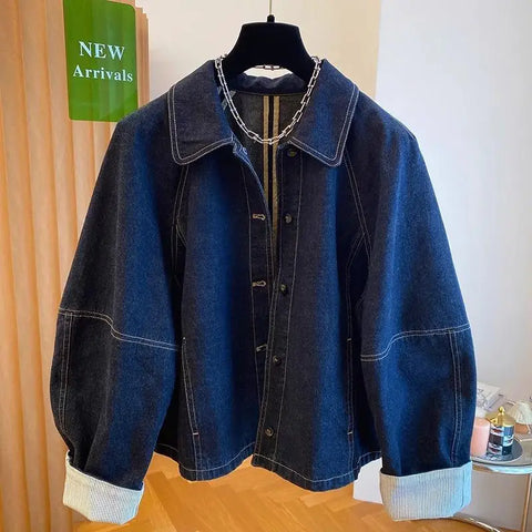 Women Denim Jackets Korean Style Dark Blue Long Sleeve Single Breasted Coats Spring Autumn Vintage Loose Jacket Tops