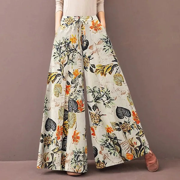 Women Floral Print Wide Leg Pants Spring Autumn Drawstring Bohemia Trousers Ladies Casual Loose Elastic Waist Pantalon