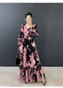Abstract Print Ruched Womens' Pleated Dress Ruffle Sleeve Pleated Chiffon Long Dresses Party Outfit 2DB7460