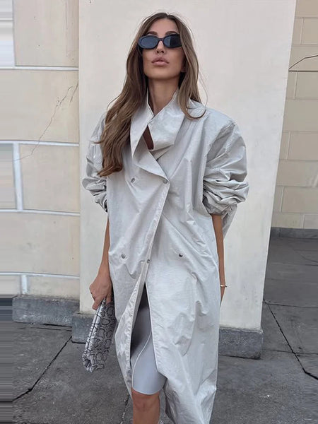 Crinkle Trench Coat Stand Collar Oversized Lantern Sleeve Waterproof Wrinkle Resistant Fabric Autumn Daily Lady Chic Coat