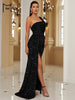 Wine Sequin Evening Dress Elegant Women One Shoulder Draped Split Wedding Party Prom Dresses Bridesmaid Wine Long Gown