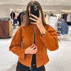 Faux Suede Cropped Jacket Women's Jacket Autumn Orange Long Sleeve Stand Collar Zip-Up Slim Outerwear Chic Top