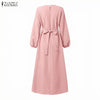 Muslim Kaftan Long Dress Hijabs Women Lantern Sleeves Lace-Up Solid Color Pleated Maxi Dress Islamic Woman Abaya Robes
