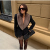Faux Fur Collar Trim Tweed Set Long Sleeve Side Pockets Chic Women Blazer High Waist Mini Skirt Autumn Elegant Suit