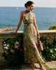 Elegant Printed Ruffle Maxi Dress Women Chic High Neck Puff Short Sleeve Waist-cinching Bodycon Dresses Lady Vacation Robes