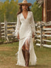 Elegant Vintage Women's Boho Tassel Dress White Lace V Neck Fringe Sleeve Autumn Party Dress Wedding Guest Maxi Dresses