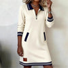 Autumn Winter Versatile Women's Dress Casual Contrasting Color Splicing Lapel Long-sleeved Loose Dress With Pockets