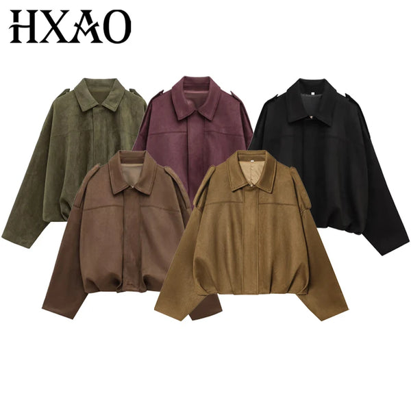 Suede Cropped Jacket Women's Bomber Jacket Oversized Batwing Sleeves Outerwears Lady Casual Loose Coat Street Style Jackets