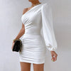 Irregular One Shoulder Short Dresses Women Loose Sleeves Diagonal Collar Chic Design Dress Autumn Sexy Wrap Hip Ruched Dress