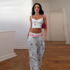 Floral Print Sweetheart Cami Crop Top Lace Up Wide Leg Pants Autumn Women Two Piece Outfit Street Ladies Casual Suit