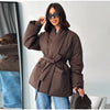 Elegant Women's Padded Jacket With Belt Winter Lace Up Waist Cinching V Neck Warm Coats Lady Casual Street Outerwear