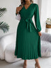 Spring Autumn Elegant Buttons V Neck Lantern Long Sleeve Lace Up Pleated Dress Khaki Blue Red Green Black Women Dresses