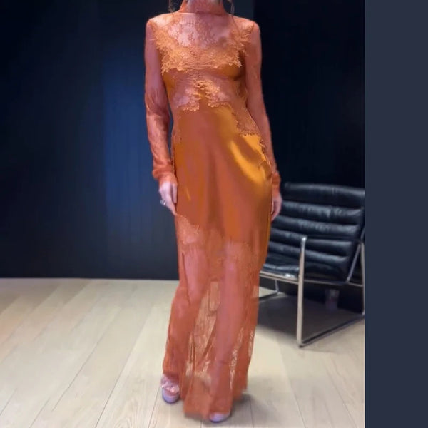 Women Maxi Dress Sexy Stand Collar Long Sleeve Hollow Out Lace Patchwork Satin Dresses Wedding Guest Party Long Gown