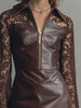 PU Leather Dresses for Women Elegant Brown Shirt Collar Half Zip Lace Long Sleeve PU Leather Mini Dress Vintage Slim Fit Dress