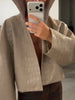 Women Cropped PU Leather Jackets Chic Stand Collar Wide Flare Sleeve Asymmetrical Wrap Open Front Coat Autumn Loose Jacket
