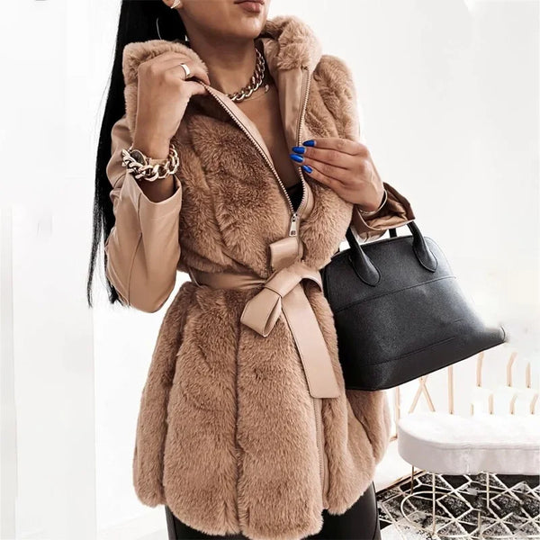 Women's Warm Faux Fur Coat with Belt, Thick Long Coat, Hooded Zipper, Autumn, Winter, Fur Coat Women