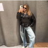 Drawstring Waist Brown Textured PU Leather Jacket Women High Neck Asymmetric Zip Button Detail Oversized Full Streetwear