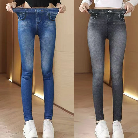 One-peice Elastic Imitation Denim Sports Gymnasium Pencil Pant Casual For Women's Clothes Leggings Dye Vintage All-match