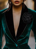 Green Velvet Blazer for Women Single Breasted 3D Rose Flower Female Blazer Jacket Slim Fit Office Lady Outerwear Coat
