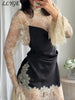 Elegant Lace Patchwork Short Dress Women See Through High Collar Flare Sleeve Party Dresses Autumn Lady Evening Robes