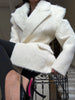 Women White Fuzzy Wool Blazer Notched Lapel Double Breasted Fluffy Thick Winter Elegant Coat