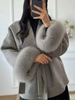 Elegant Lace Up Woolen Short Coat Solid Loose Lapel Furry Long Sleeve Belt Waist Jacket Spring Autumn Lady Chic Cardigan