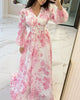 Women Blue White Floral Print V-neck Long-sleeved Slim-fitting Long-pendulum Dress French Style Elegant Vacation Model